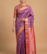 Lavender Semi Silk Banarasi Saree With Floral Zari Booti Work