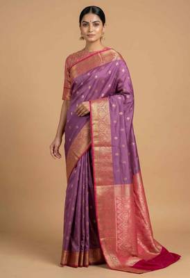 Lavender Semi Silk Banarasi Saree With Floral Zari Booti Work 3