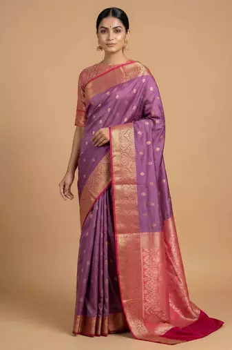 Lavender Semi Silk Banarasi Saree With Floral Zari Booti Work