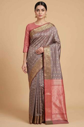 Light Brown Semi Silk Banarasi Saree With Floral Zari Booti Work