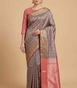 Light Brown Semi Silk Banarasi Saree With Floral Zari Booti Work