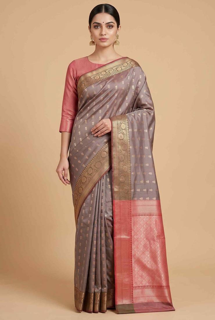 Light Brown Semi Silk Banarasi Saree With Floral Zari Booti Work
