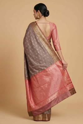 Light Brown Semi Silk Banarasi Saree With Floral Zari Booti Work 2
