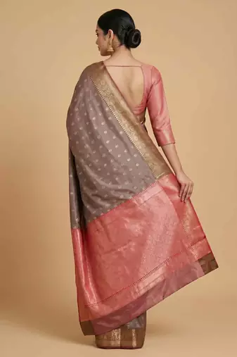Light Brown Semi Silk Banarasi Saree With Floral Zari Booti Work