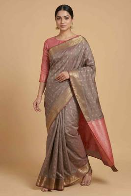 Light Brown Semi Silk Banarasi Saree With Floral Zari Booti Work 3