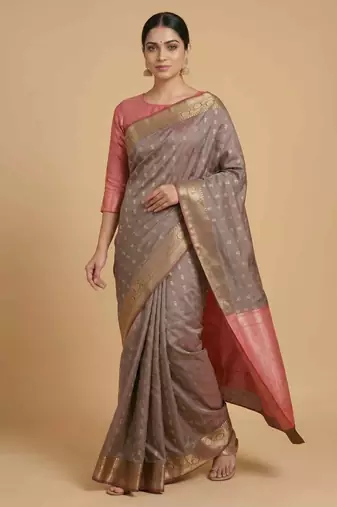 Light Brown Semi Silk Banarasi Saree With Floral Zari Booti Work