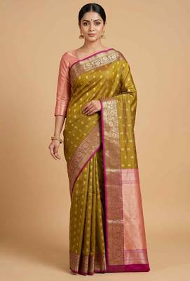 Mehendi Semi Silk Banarasi Saree With Floral Zari Booti Work 1