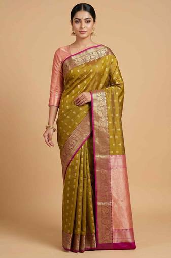 Mehendi Semi Silk Banarasi Saree With Floral Zari Booti Work