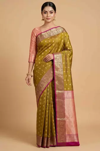 Mehendi Semi Silk Banarasi Saree With Floral Zari Booti Work