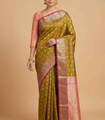 Mehendi Semi Silk Banarasi Saree With Floral Zari Booti Work
