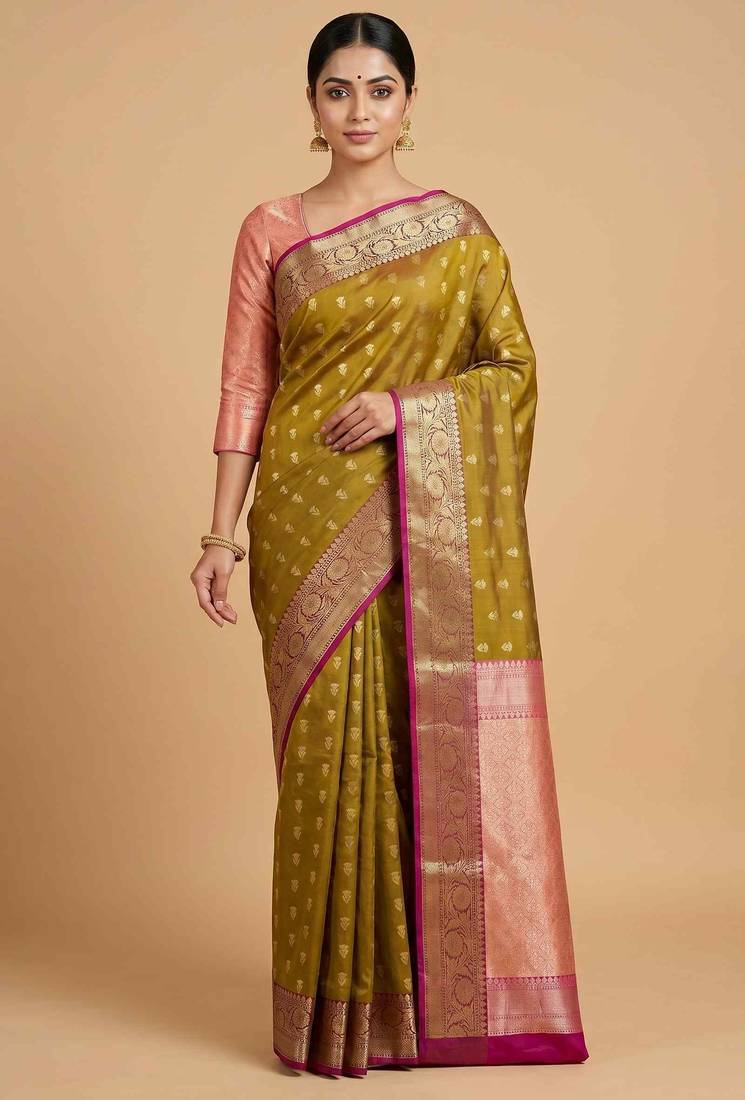 Mehendi Semi Silk Banarasi Saree With Floral Zari Booti Work