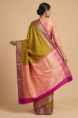 Mehendi Semi Silk Banarasi Saree With Floral Zari Booti Work 2