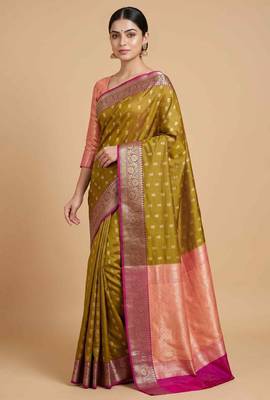 Mehendi Semi Silk Banarasi Saree With Floral Zari Booti Work 3