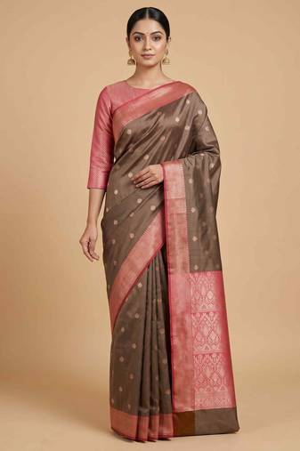 Brown Semi Silk Banarasi Saree With Floral Zari Booti Work