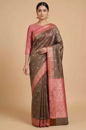 Brown Semi Silk Banarasi Saree With Floral Zari Booti Work