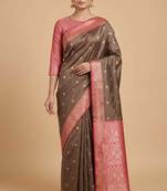 Brown Semi Silk Banarasi Saree With Floral Zari Booti Work
