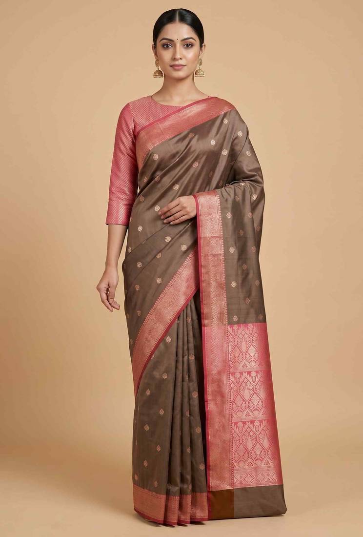 Brown Semi Silk Banarasi Saree With Floral Zari Booti Work