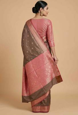 Brown Semi Silk Banarasi Saree With Floral Zari Booti Work 2