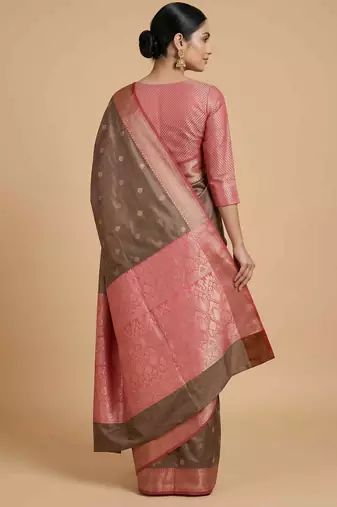 Brown Semi Silk Banarasi Saree With Floral Zari Booti Work