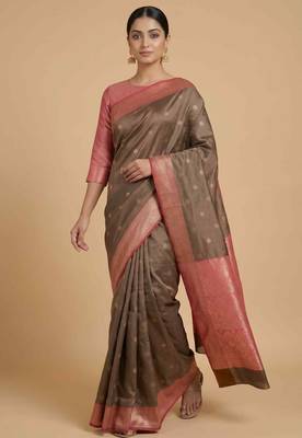 Brown Semi Silk Banarasi Saree With Floral Zari Booti Work 3