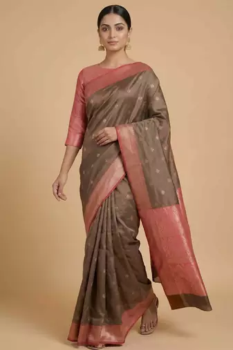 Brown Semi Silk Banarasi Saree With Floral Zari Booti Work