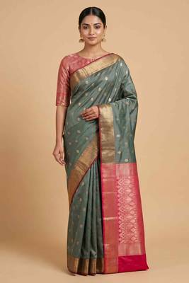 Seagreen Semi Silk Banarasi Saree With Floral Zari Booti Work 1