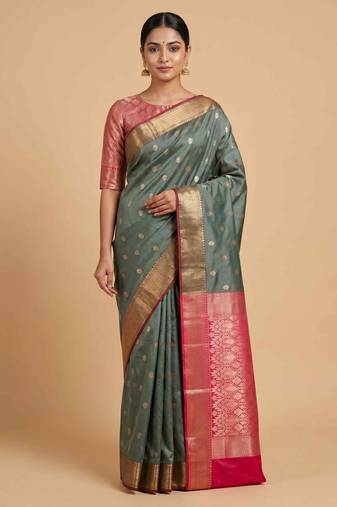 Seagreen Semi Silk Banarasi Saree With Floral Zari Booti Work
