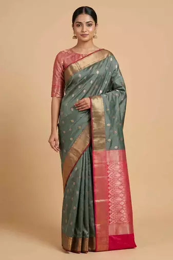 Seagreen Semi Silk Banarasi Saree With Floral Zari Booti Work