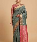 Seagreen Semi Silk Banarasi Saree With Floral Zari Booti Work