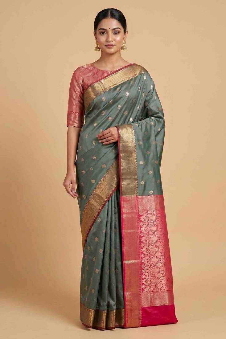 Seagreen Semi Silk Banarasi Saree With Floral Zari Booti Work