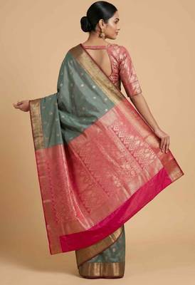 Seagreen Semi Silk Banarasi Saree With Floral Zari Booti Work 2