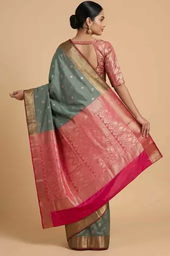 Seagreen Semi Silk Banarasi Saree With Floral Zari Booti Work