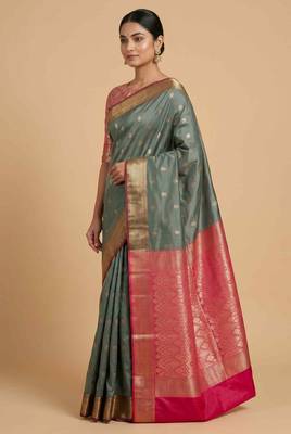 Seagreen Semi Silk Banarasi Saree With Floral Zari Booti Work 3