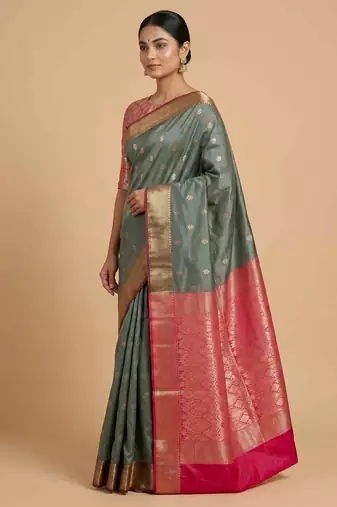 Seagreen Semi Silk Banarasi Saree With Floral Zari Booti Work