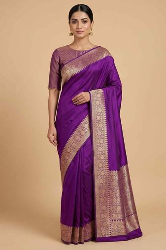 Purple Semi Silk Banarasi Saree With Plain Anchal Border Work