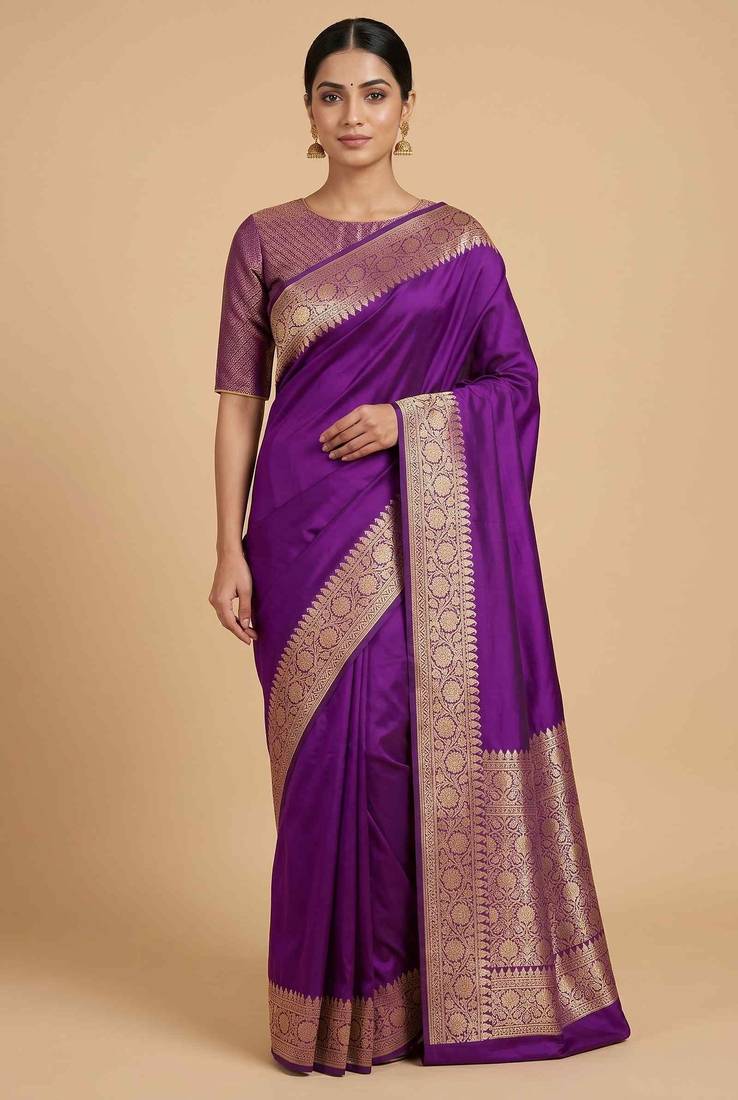 Purple Semi Silk Banarasi Saree With Plain Anchal Border Work