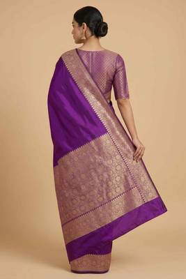 Purple Semi Silk Banarasi Saree With Plain Anchal Border Work 2