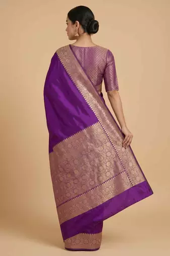 Purple Semi Silk Banarasi Saree With Plain Anchal Border Work