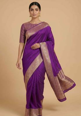 Purple Semi Silk Banarasi Saree With Plain Anchal Border Work 3