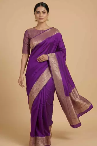 Purple Semi Silk Banarasi Saree With Plain Anchal Border Work