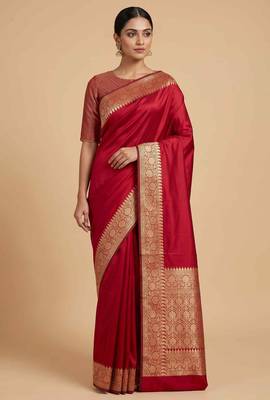 Red Semi Silk Banarasi Saree With Plain Anchal Border Work 1