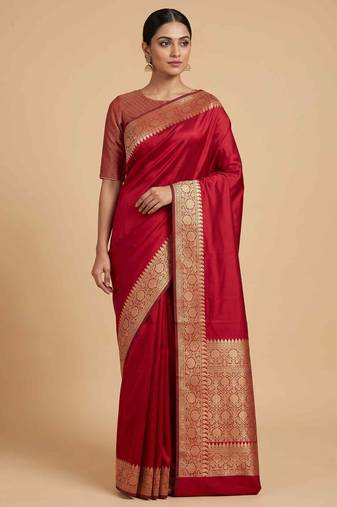 Red Semi Silk Banarasi Saree With Plain Anchal Border Work
