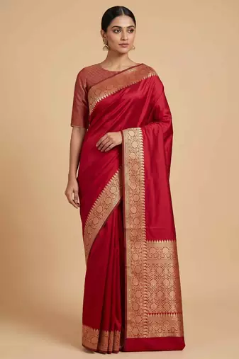 Red Semi Silk Banarasi Saree With Plain Anchal Border Work