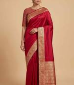 Red Semi Silk Banarasi Saree With Plain Anchal Border Work
