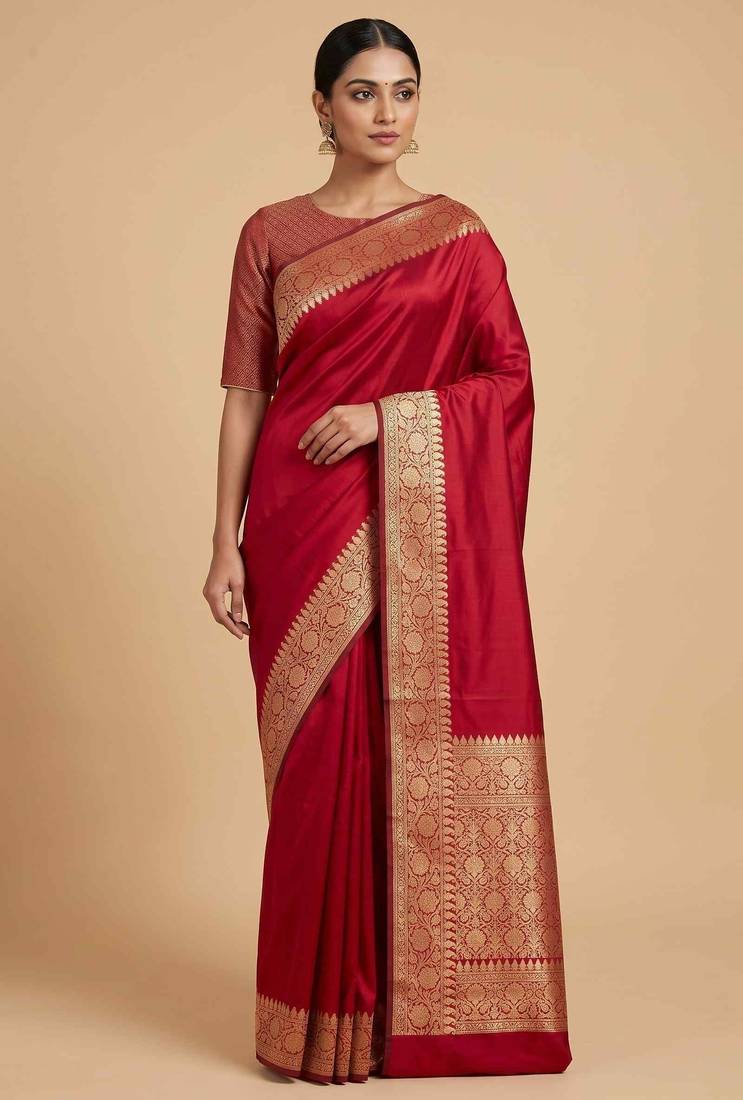 Red Semi Silk Banarasi Saree With Plain Anchal Border Work