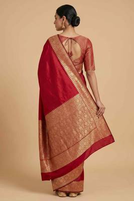 Red Semi Silk Banarasi Saree With Plain Anchal Border Work 2