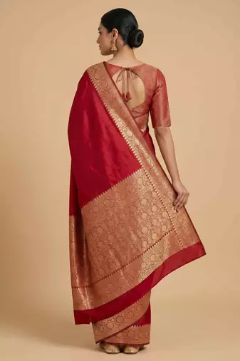 Red Semi Silk Banarasi Saree With Plain Anchal Border Work