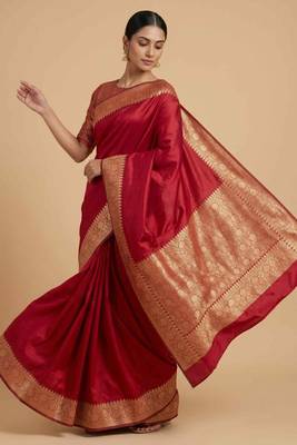Red Semi Silk Banarasi Saree With Plain Anchal Border Work 3