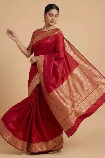 Red Semi Silk Banarasi Saree With Plain Anchal Border Work