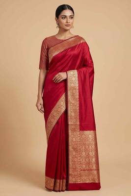 Red Semi Silk Banarasi Saree With Plain Anchal Border Work 4